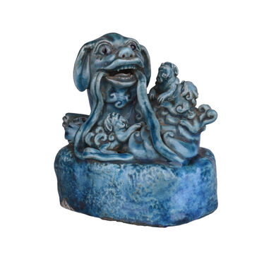 孔雀绿釉太狮少狮瓷摆件